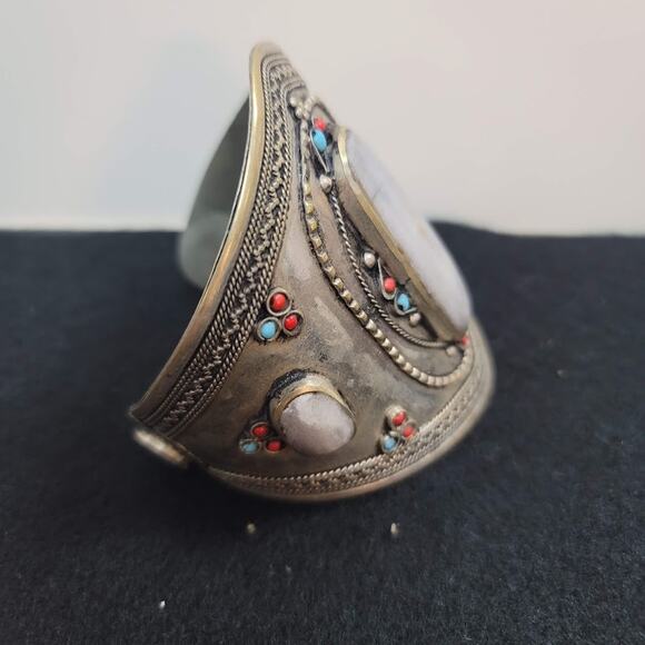 Cuff bracelet Kuchi Tribal Stone Alpaca Silver Turkmen Afghan Ethnic Boho - Picture 5 of 6